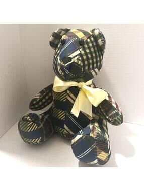 Beautiful Patchwork/Plaid Handmade Memory Teddy Bear yellow, green, blue 11"x9"
